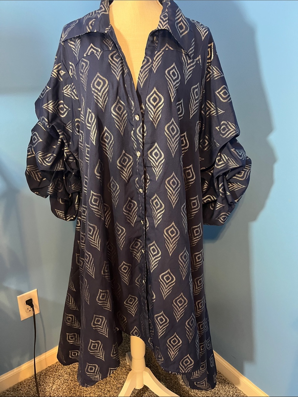 Women's Navy Button-Front Midi Dress with Geometric Print, Size 3X